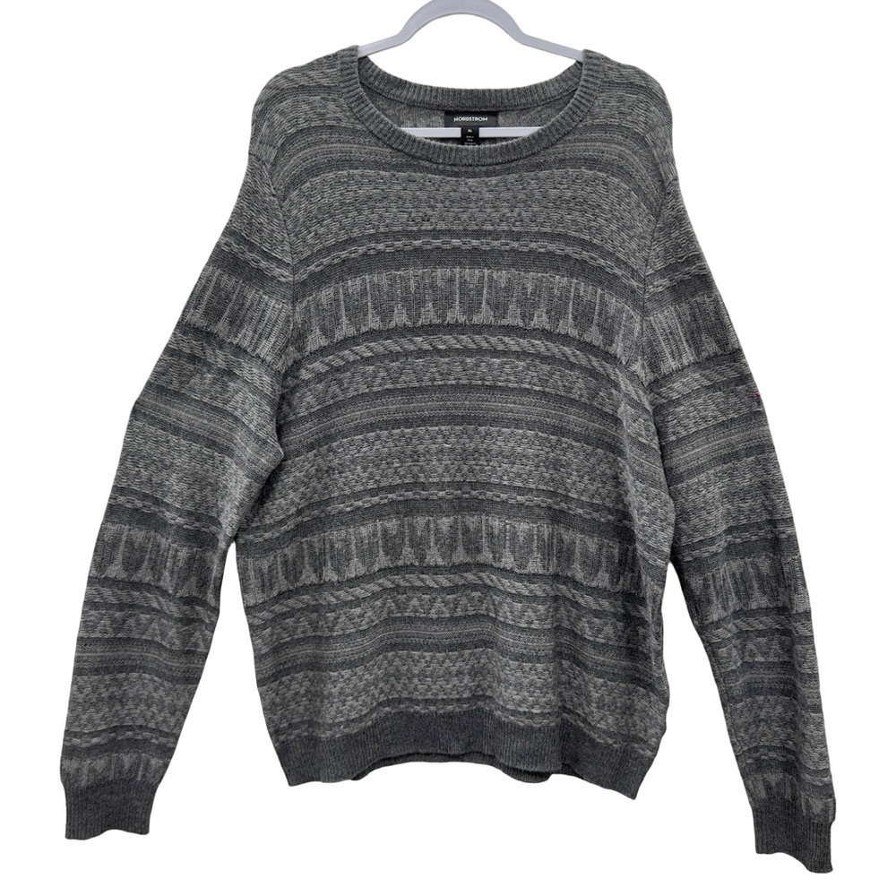NORDSTROM Sweater Size XL Gray Tonal Fair Isle Merino Wool Alpaca Blend Crewneck